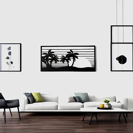Décoration murale artisanal en bois - Palmier et soleil été