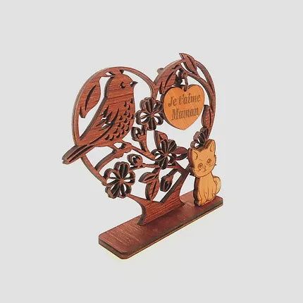 Cadeau fête des mères coeur en bois je t'aime maman oiseau et chat