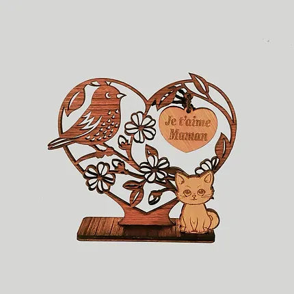 Cadeau fête des mères coeur en bois je t'aime maman oiseau et chat