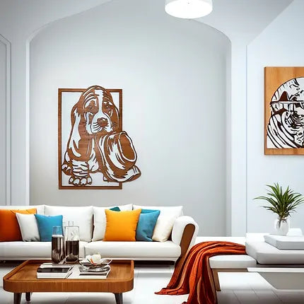 Décoration murale en bois - Chien basset hound et chapeau