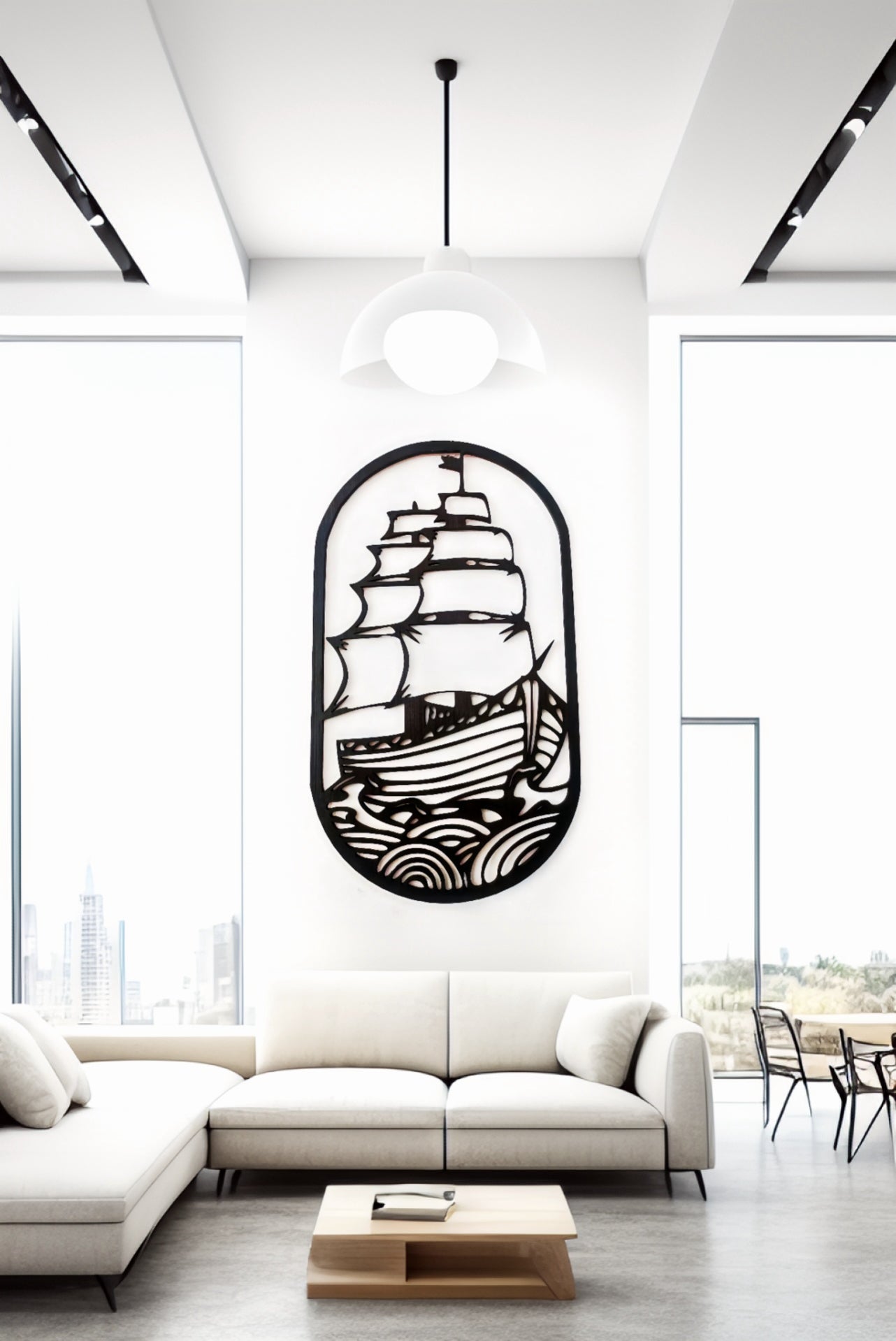 Décoration murale artisanale en Bois - Voilier dans un cadre ovale
