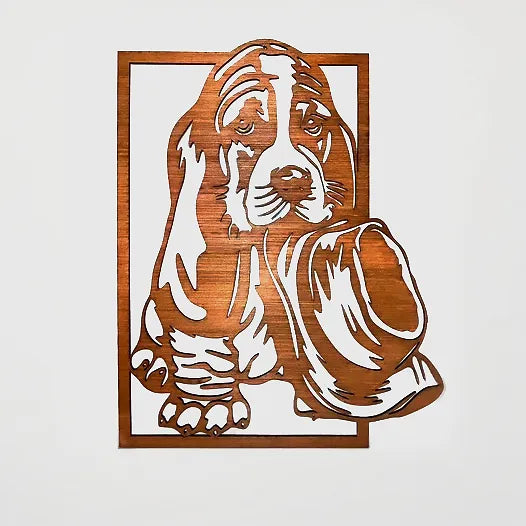 Décoration murale en bois - Chien basset hound et chapeau
