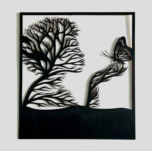 Décoration murale artisanale – Arbre noir et papillon en bois