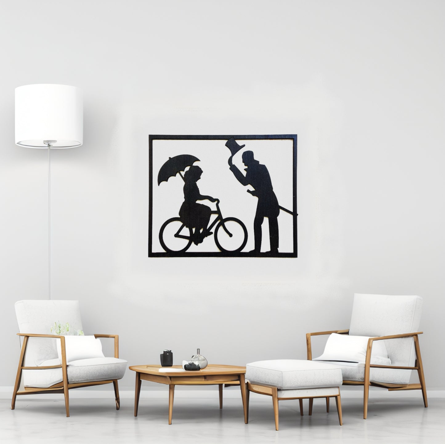 Tableau Femme à Vélo avec Parapluie et Homme Saluant