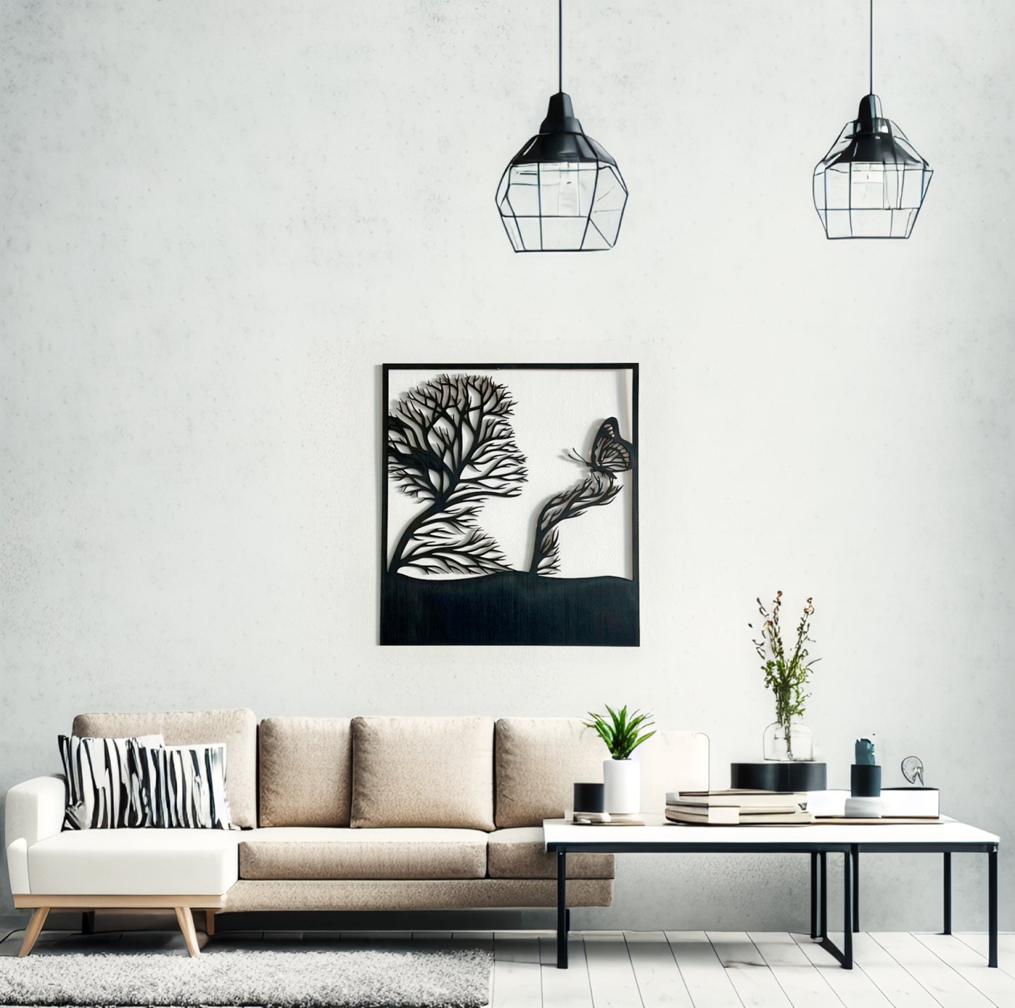 Décoration murale artisanale – Arbre noir et papillon en bois